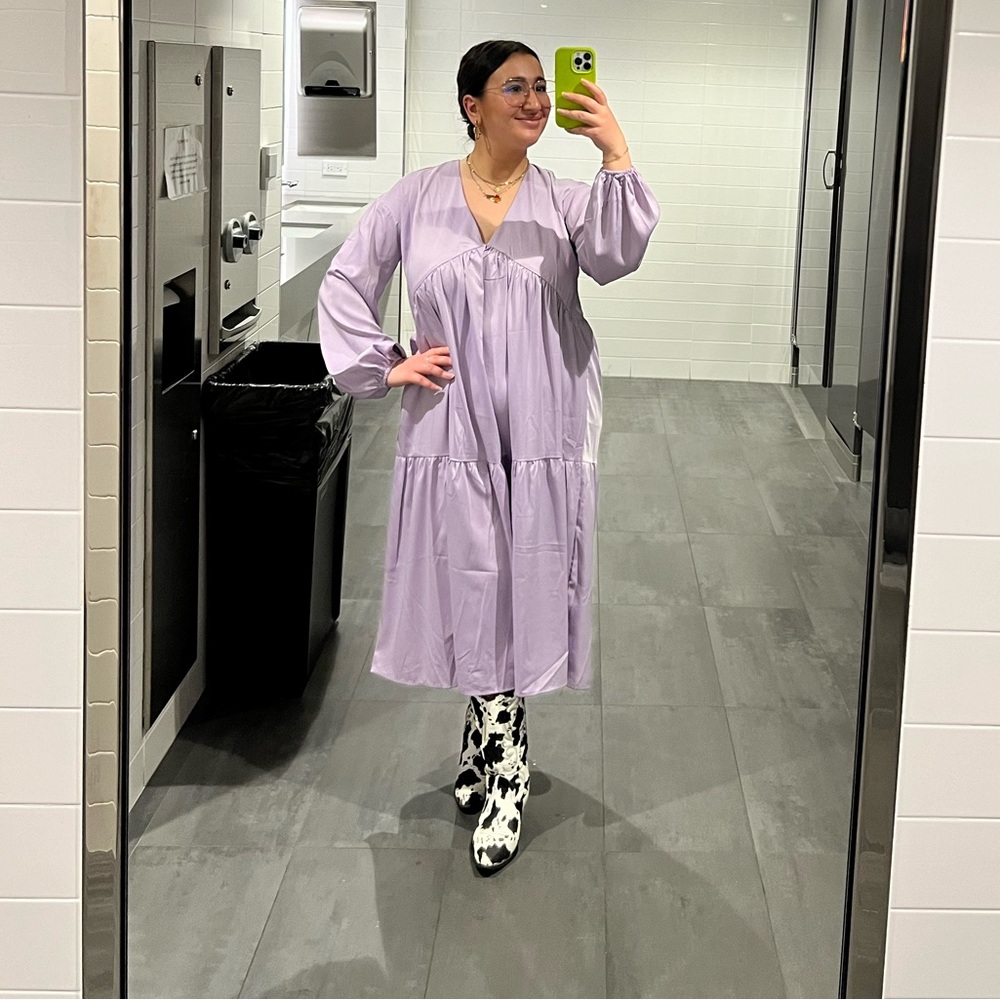 Lilac Satin-esque V-Neck Smock Dress